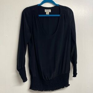 Primrose Blouse Silk Elegant Scoop Neck Smocked Cuff and Hem Black Size Medium
